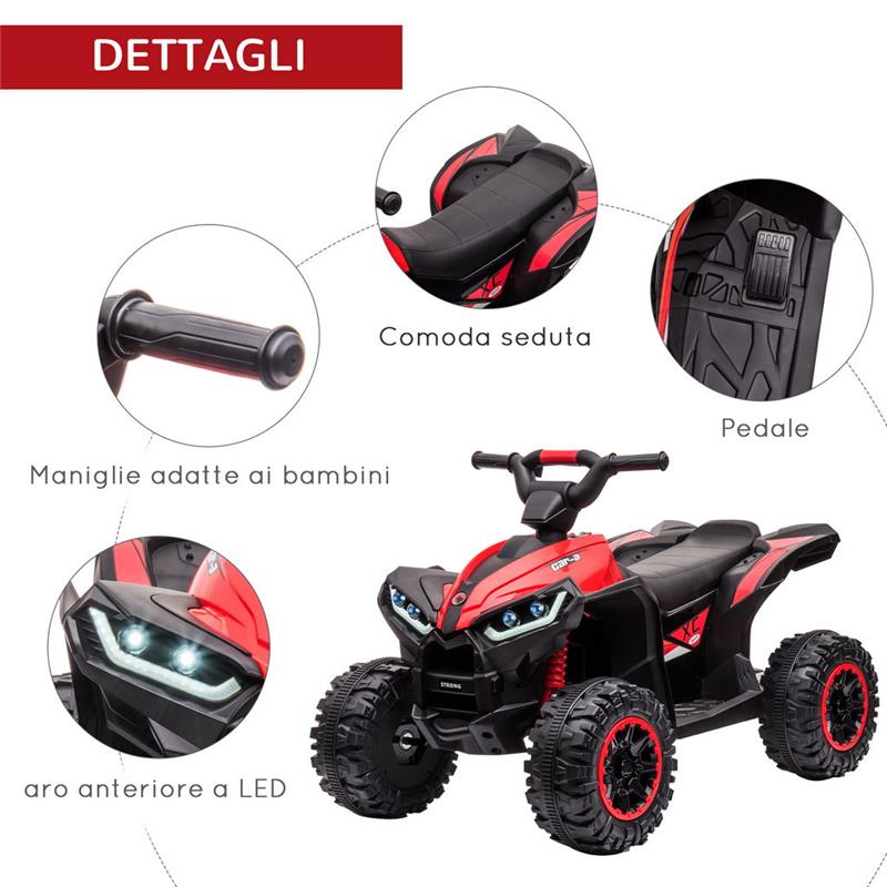QUAD ELETTRICO PER BAMBINI 12V, 2 VELOCITÀ, RUOTE LARGHE CON SOSPENSIONI E FARI LED, ETÀ 3-5 ANNI, ROSSO