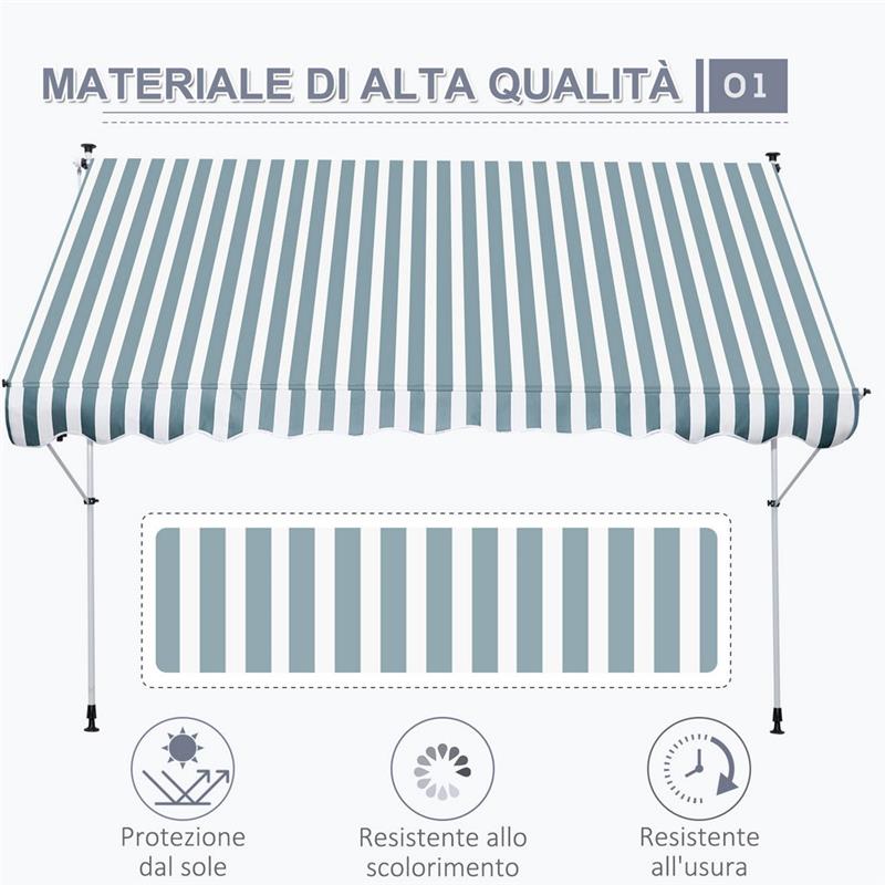 TENDA DA SOLE A BRACCI CON MANOVELLA 300 X 150 CM RIGHE BIANCHE E VERDI