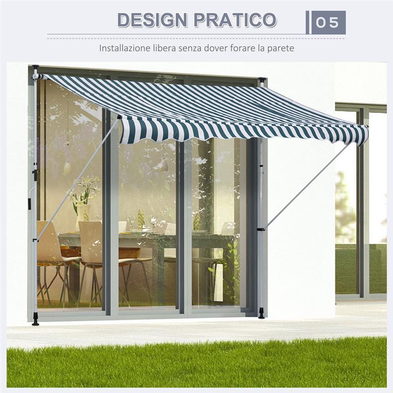 TENDA DA SOLE A BRACCI CON MANOVELLA 300 X 150 CM RIGHE BIANCHE E VERDI