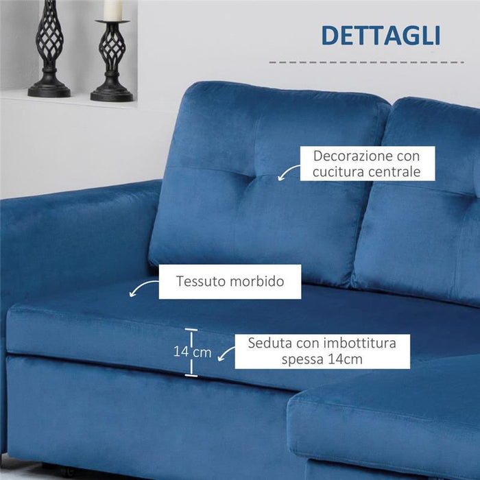 DIVANO LETTO ANGOLARE 3 POSTI CON CONTENITORE 232 X 141 X 85 CM BLU