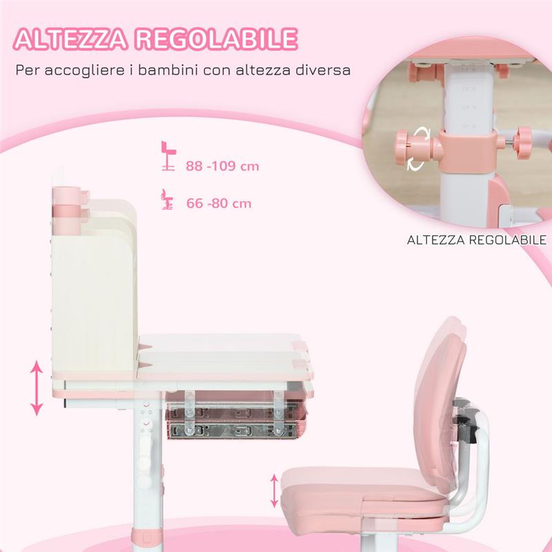BANCO SCUOLA CON SEDIA PER BAMBINI 3-12 ANNI, ALTEZZA REGOLABILE E PIANO INCLINABILE ROSA