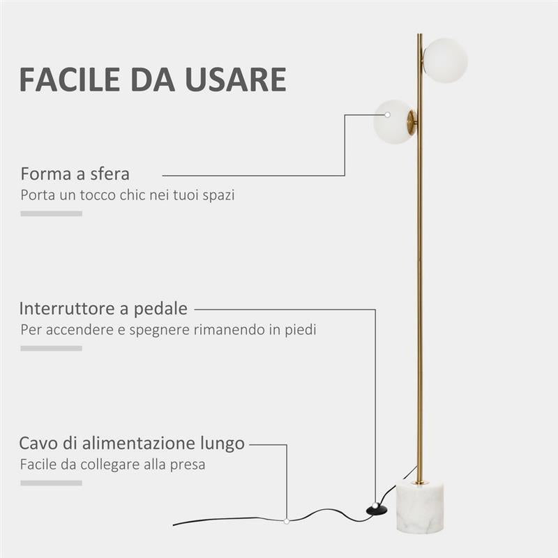 LAMPADA DA TERRA CON 2 PARALUMI A SFERA 35X35X165 CM ORO E BIANCO