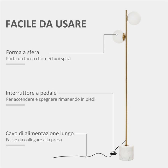 LAMPADA DA TERRA CON 2 PARALUMI A SFERA 35X35X165 CM ORO E BIANCO