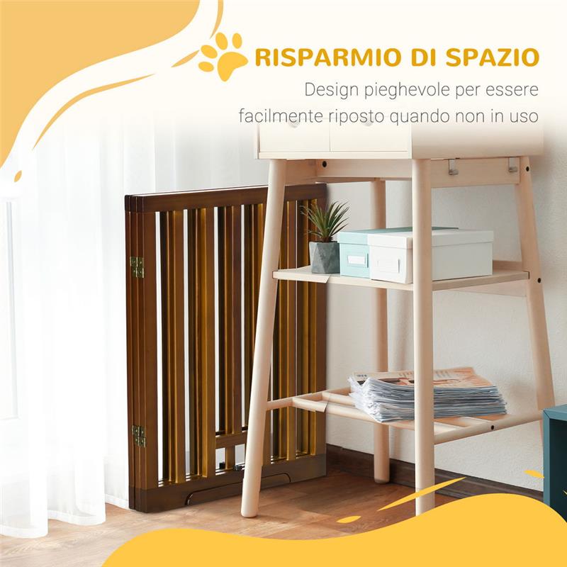 CANCELLINO PER CANI PIEGHEVOLE A 3 PANNELLI CON PIEDINI ANTISCIVOLO PER CORRIDOI, SCALE E STANZE, IN LEGNO DI PINO, 181X35X76 CM, MARRONE SCURO