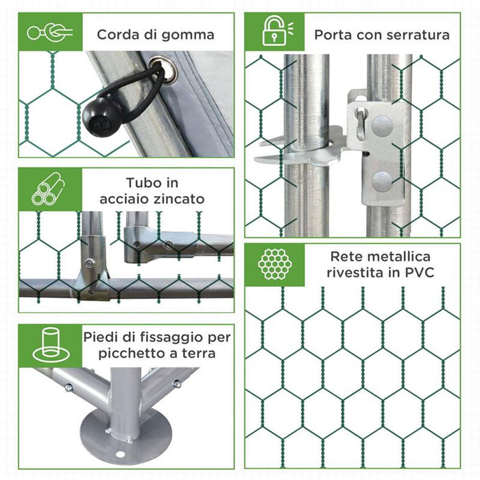 RECINTO PER GALLINE E TELO DI COPERTURA PER 4-6 POLLI IN ACCIAIO 280X190X195CM