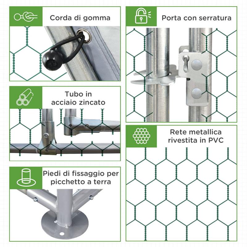 RECINTO PER GALLINE E TELO DI COPERTURA PER 4-6 POLLI IN ACCIAIO 280X190X195CM