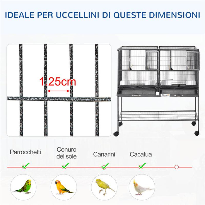 DOPPIA GABBIA PER UCCELLI IN METALLO CON VASSOI ESTRAIBILI, SUPPORTO CON 4 RUOTE E RIPIANO, 95X45.5X102CM, GRIGIO