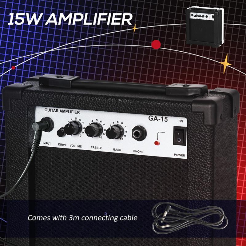 CHITARRA ELETTRICA CON AMPLIFICATORE 15W, BORSA, TRACOLLA E ACCORDATORE DIGITALE, NERO