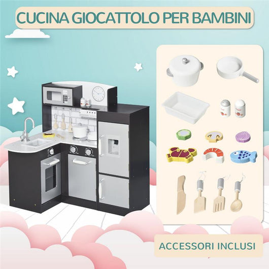 CUCINA GIOCATTOLO PER BAMBINI IN LEGNO CON 14 ACCESSORI ETÀ 3+ ANNI