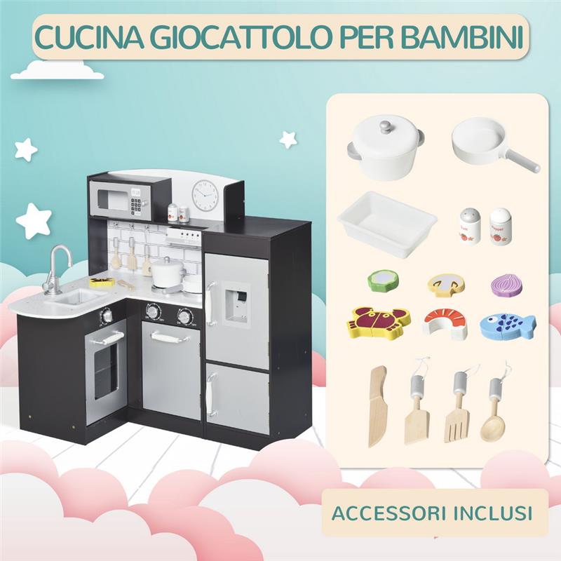CUCINA GIOCATTOLO PER BAMBINI IN LEGNO CON 14 ACCESSORI ETÀ 3+ ANNI