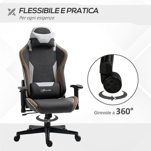 SEDIA DA GAMING RECLINABILE A 150° POGGIATESTA E CUSCINO LOMBARE GRIGIO