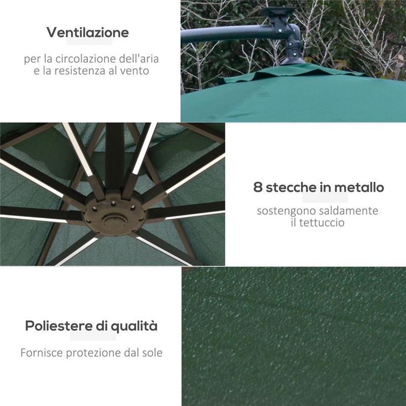 OMBRELLONE A BRACCIO CON MANOVELLA E 8 STRISCE LED A ENERGIA SOLARE