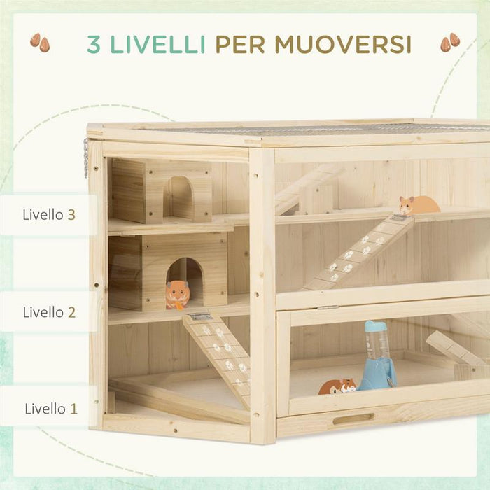 CASETTA PER CRICETI IN LEGNO A 3 LIVELLI, CASA PER CRICETI E PICCOLI RODITORI CON TETTO APRIBILE E PARETE TRASPARENTE, 115X60X55CM