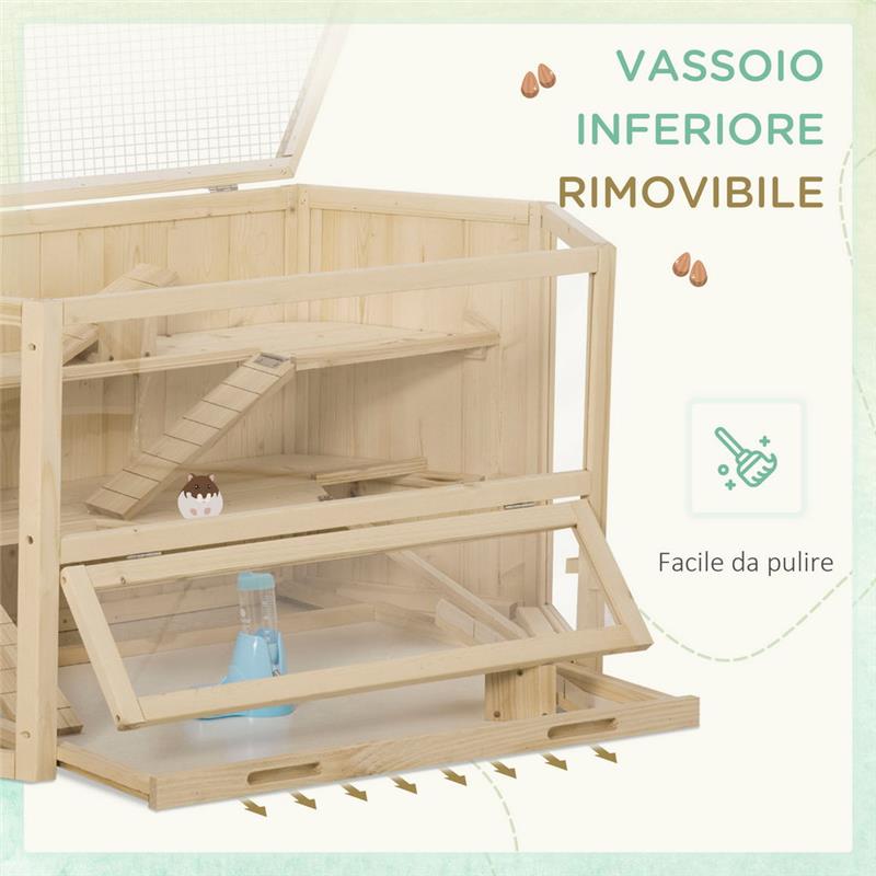 CASETTA PER CRICETI IN LEGNO A 3 LIVELLI, CASA PER CRICETI E PICCOLI RODITORI CON TETTO APRIBILE E PARETE TRASPARENTE, 115X60X55CM