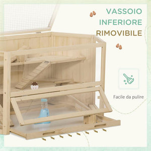 CASETTA PER CRICETI IN LEGNO A 3 LIVELLI, CASA PER CRICETI E PICCOLI RODITORI CON TETTO APRIBILE E PARETE TRASPARENTE, 115X60X55CM