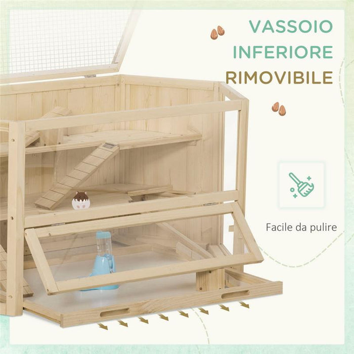 CASETTA PER CRICETI IN LEGNO A 3 LIVELLI, CASA PER CRICETI E PICCOLI RODITORI CON TETTO APRIBILE E PARETE TRASPARENTE, 115X60X55CM