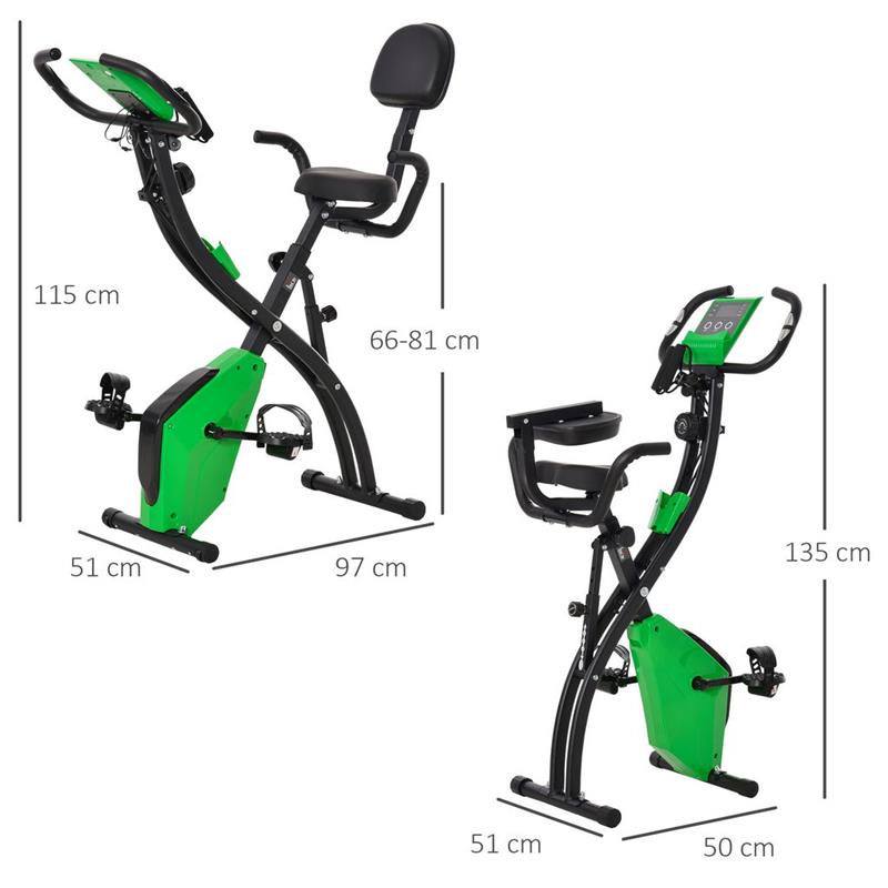 CYCLETTE PIEGHEVOLE 2 IN 1, RESISTENZA MAGNETICA REGOLABILE 8 LIVELLI, BICI DA FITNESS CON SENSORE DI FREQUENZA CARDIACA, ELASTICI PER BRACCIA, SCHERMO LCD, VOLANO 2.5KG, VERDE