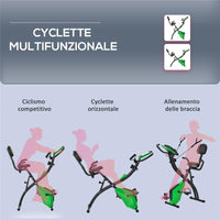 CYCLETTE PIEGHEVOLE 2 IN 1, RESISTENZA MAGNETICA REGOLABILE 8 LIVELLI, BICI DA FITNESS CON SENSORE DI FREQUENZA CARDIACA, ELASTICI PER BRACCIA, SCHERMO LCD, VOLANO 2.5KG, VERDE