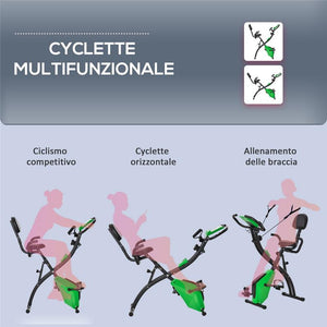 CYCLETTE PIEGHEVOLE 2 IN 1, RESISTENZA MAGNETICA REGOLABILE 8 LIVELLI, BICI DA FITNESS CON SENSORE DI FREQUENZA CARDIACA, ELASTICI PER BRACCIA, SCHERMO LCD, VOLANO 2.5KG, VERDE