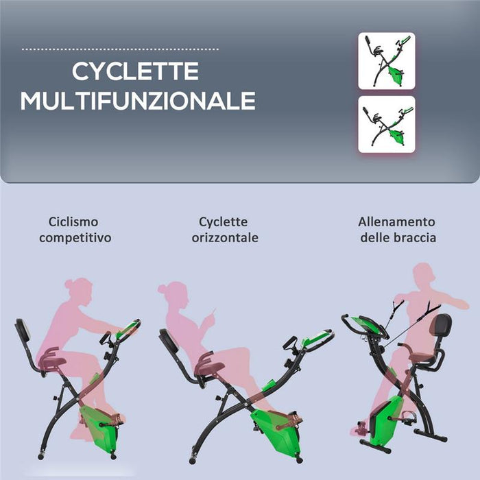 CYCLETTE PIEGHEVOLE 2 IN 1, RESISTENZA MAGNETICA REGOLABILE 8 LIVELLI, BICI DA FITNESS CON SENSORE DI FREQUENZA CARDIACA, ELASTICI PER BRACCIA, SCHERMO LCD, VOLANO 2.5KG, VERDE