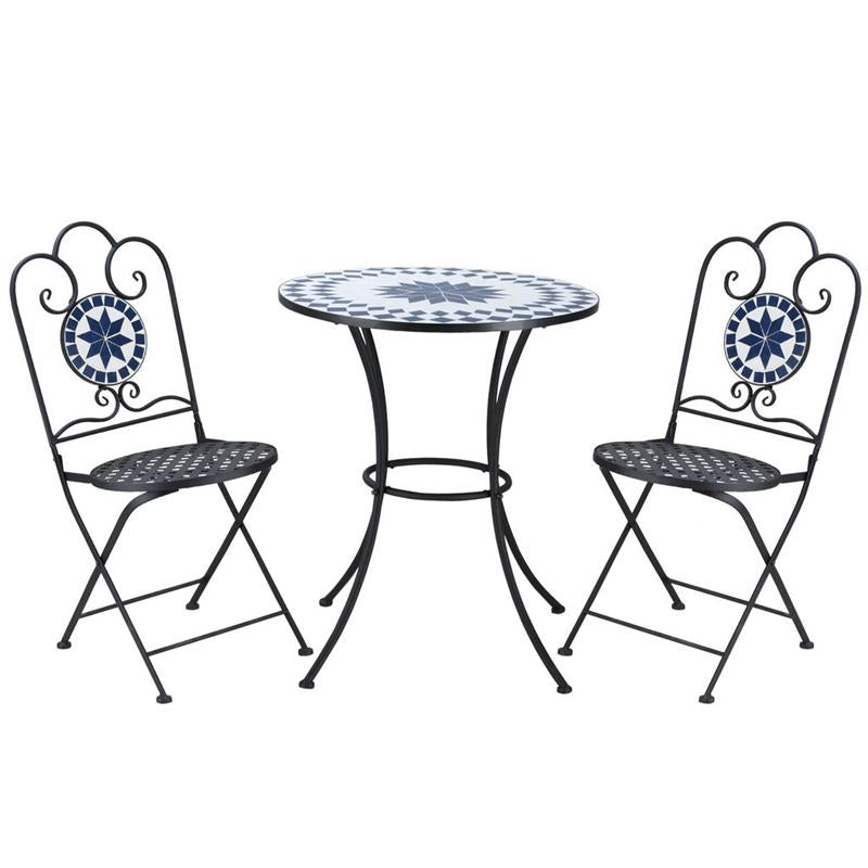 SET DA GIARDINO CON 2 SEDIE PIEGHEVOLI E 1 TAVOLINO A MOSAICO NERO