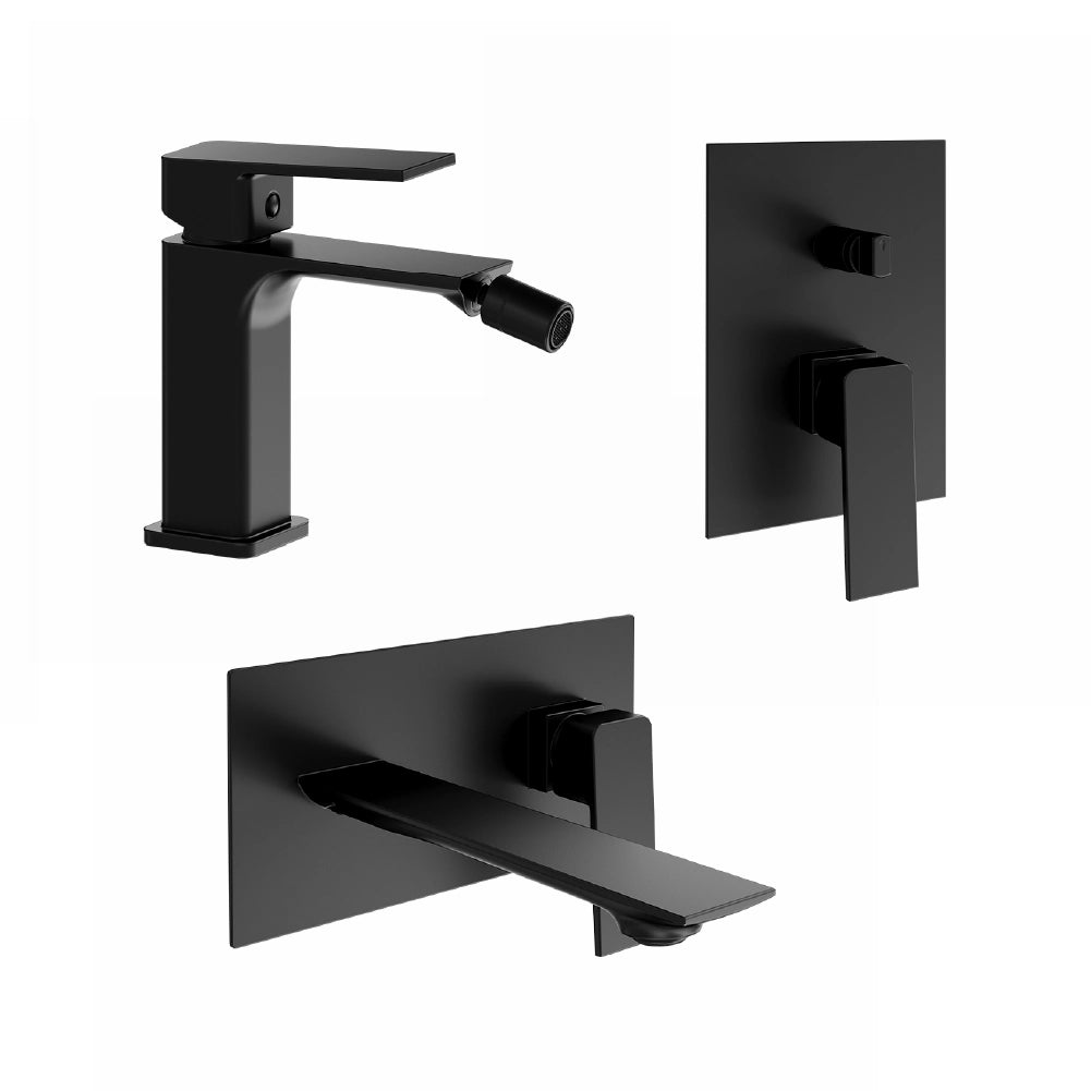 Set miscelatori: lavabo ad incasso bidet senza scarico e incasso doccia c/deviatore nero opaco | Ingrid