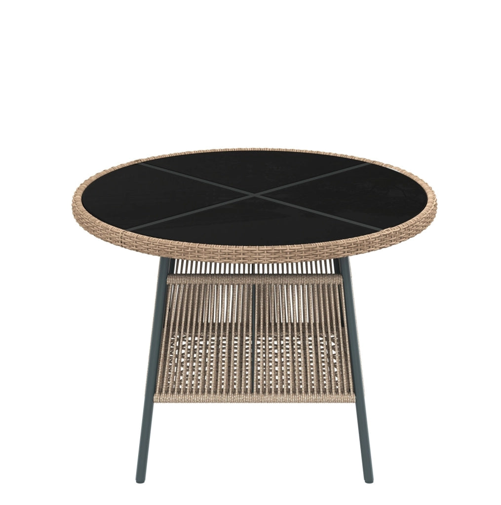 Set da giardino da pranzo 5 pezzi per 4 persone con tavolo in vetro temperato e cuscini; grigio e naturale
