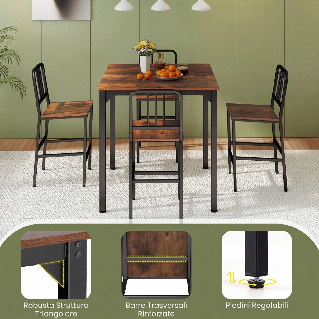 Set da Pranzo per 4 Persone, Set Cucina Bar 5 Pezzi con Superficie in Finto Marmo, Tavolo Quadrato in Legno e 4 Sgabelli Alti per Angolo Colazione e Sala da Pranzo (Caffè)