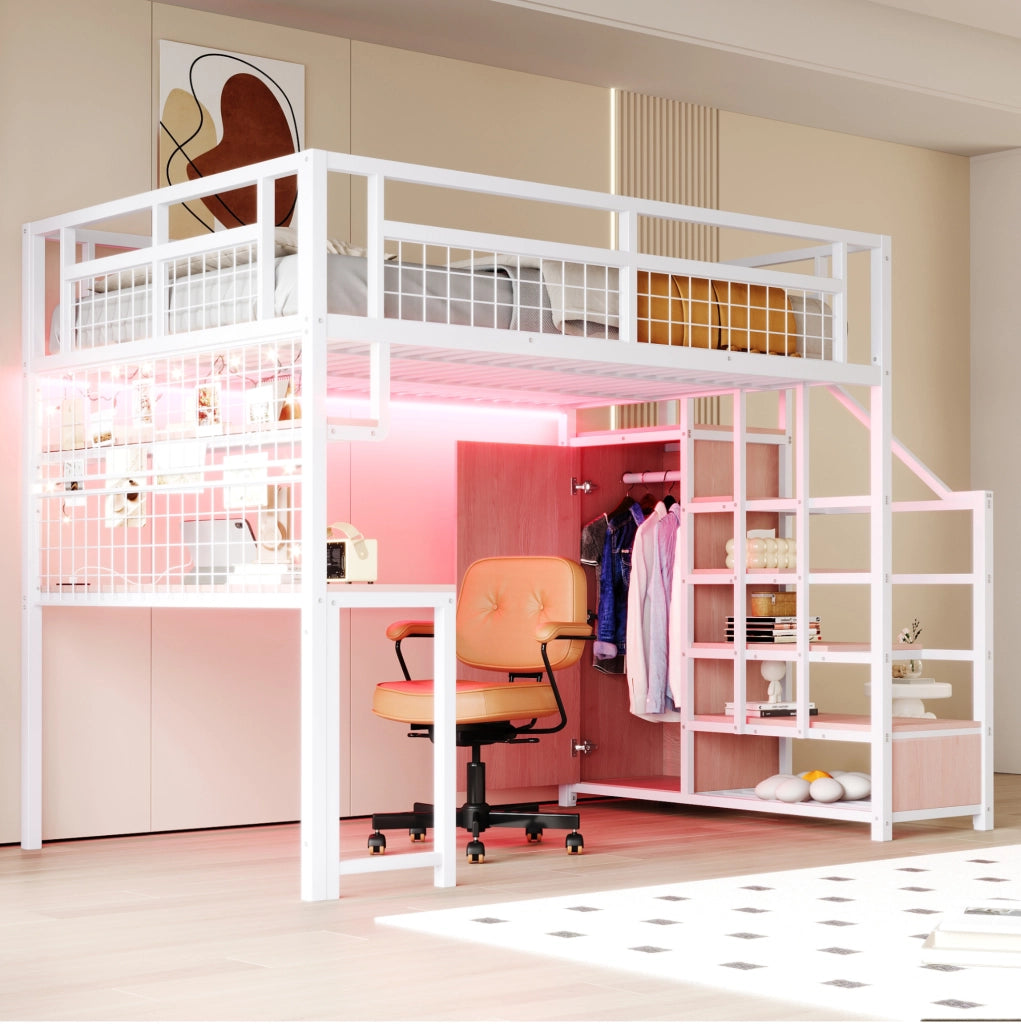Letto a soppalco in metallo 140x200 cm bianco con scrivania; scaffale; scala contenitore e luce