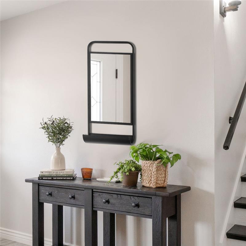 SPECCHIO DA PARETE CON MENSOLA INFERIORE E STRUTTURA IN METALLO, 36.2X12X71.7CM, NERO