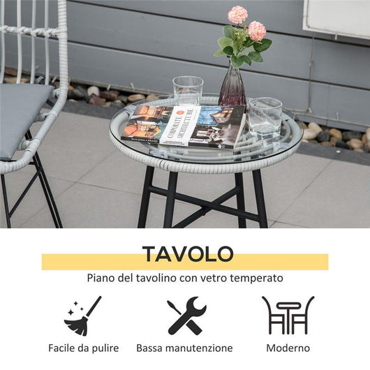 SET MOBILI DA GIARDINO CON TAVOLINO E SEDIE IN RATTAN POILESTERE E ACCIAIO PER ESTERNI GRIGIO