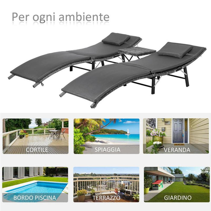 LETTINI PRENDISOLE RICHIUDIBILI CON CUSCINI RIMOVIBILI E TAVOLINO PIEGHEVOLE, SET 3 PZ IN RATTAN, GRIGIO