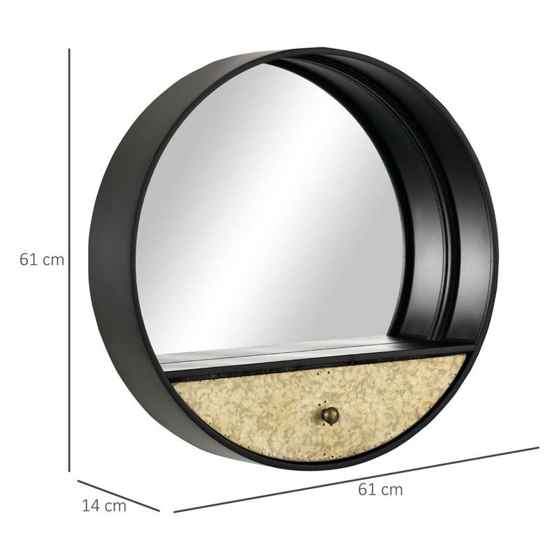 SPECCHIO DA PARETE ROTONDO Ø61CM CON CASSETTO E CORNICE IN METALLO NERO