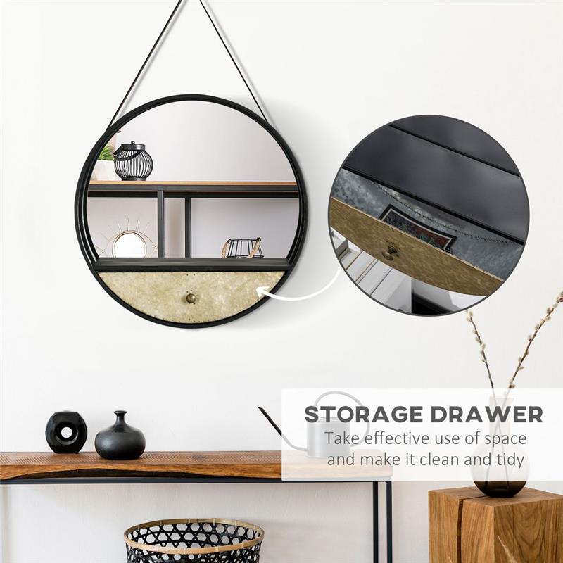 SPECCHIO DA PARETE ROTONDO Ø61CM CON CASSETTO E CORNICE IN METALLO NERO