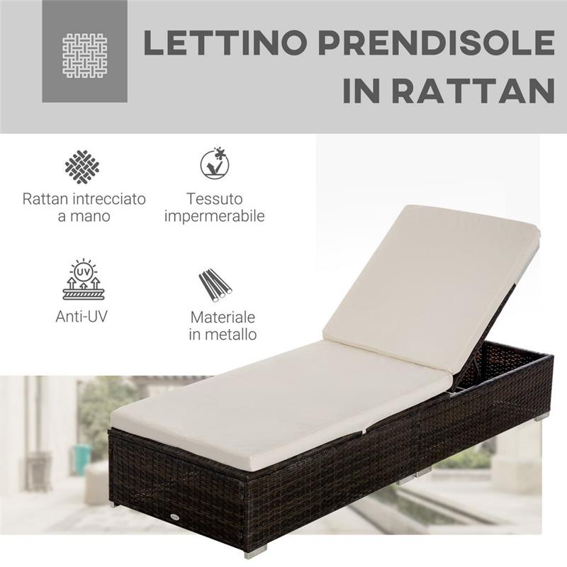 LETTINO PRENDISOLE IN RATTANE RECLINABILE 195 X 68 X 30 CM MARRONE E CREMA