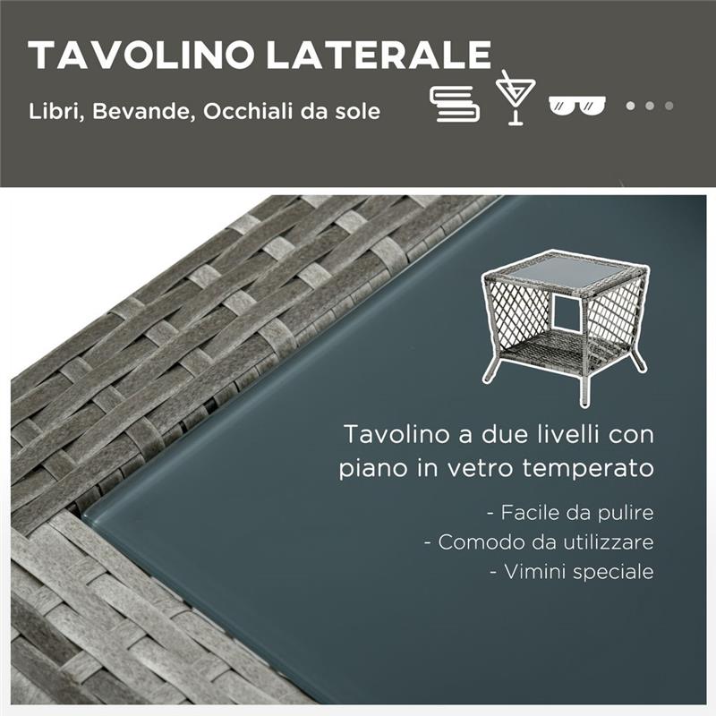 SET IN RATTAN CON SDRAIO DA GIARDINO REGOLABILE E TAVOLINO A 2 LIVELLI