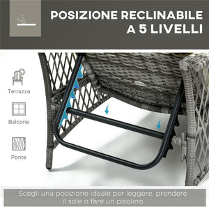SET IN RATTAN CON SDRAIO DA GIARDINO REGOLABILE E TAVOLINO A 2 LIVELLI