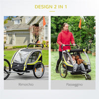 RIMORCHIO BICI E PASSEGGINO PER 2 BAMBINI CON CINTURE DI SICUREZZA E BANDIERINA