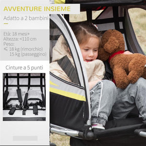 RIMORCHIO BICI E PASSEGGINO PER 2 BAMBINI CON CINTURE DI SICUREZZA E BANDIERINA