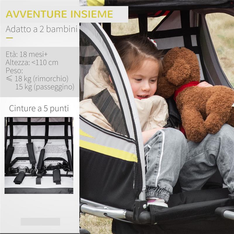 RIMORCHIO BICI E PASSEGGINO PER 2 BAMBINI CON CINTURE DI SICUREZZA E BANDIERINA