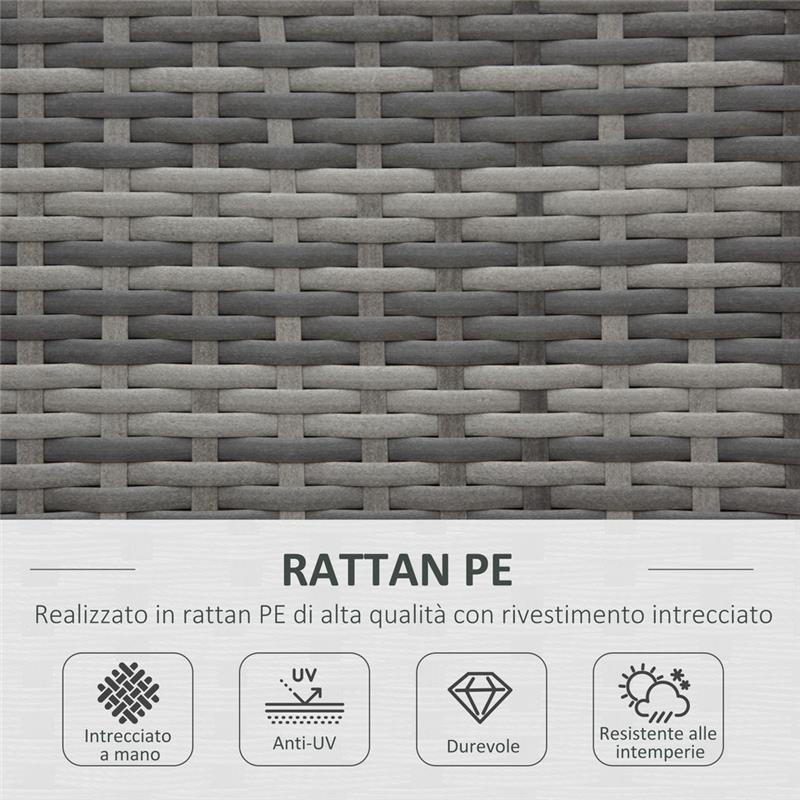 SALOTTO DA GIARDINO IN RATTAN CON DIVANO ANGOLARE E TAVOLINO GRIGIO SCURO