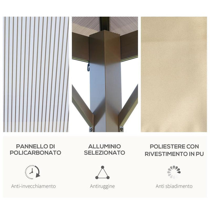 GAZEBO DA GIARDINO CON TETTO IN POLICARBONATO 2.94 X 2.94 M CAFFÈ E KHAKI