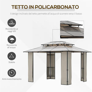 GAZEBO CON TETTO IN POLICARBONATO A 2 LIVELLI 3.65 X 3 M MARRONE