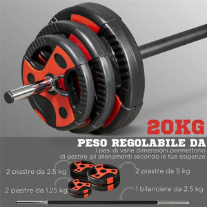 SET BILANCIERE E DISCHI DA 20KG CON IMPUGNATURA ANTISCIVOLO NERO E ROSSO