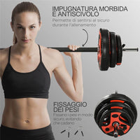 SET BILANCIERE E DISCHI DA 20KG CON IMPUGNATURA ANTISCIVOLO NERO E ROSSO