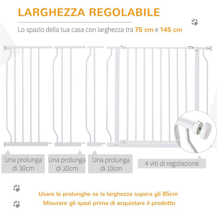CANCELLETTO DI SICUREZZA PER CANI IN ACCIAIO E ABS, ESTENSIBILE 75-145CM PER SCALE E PORTE, BIANCO