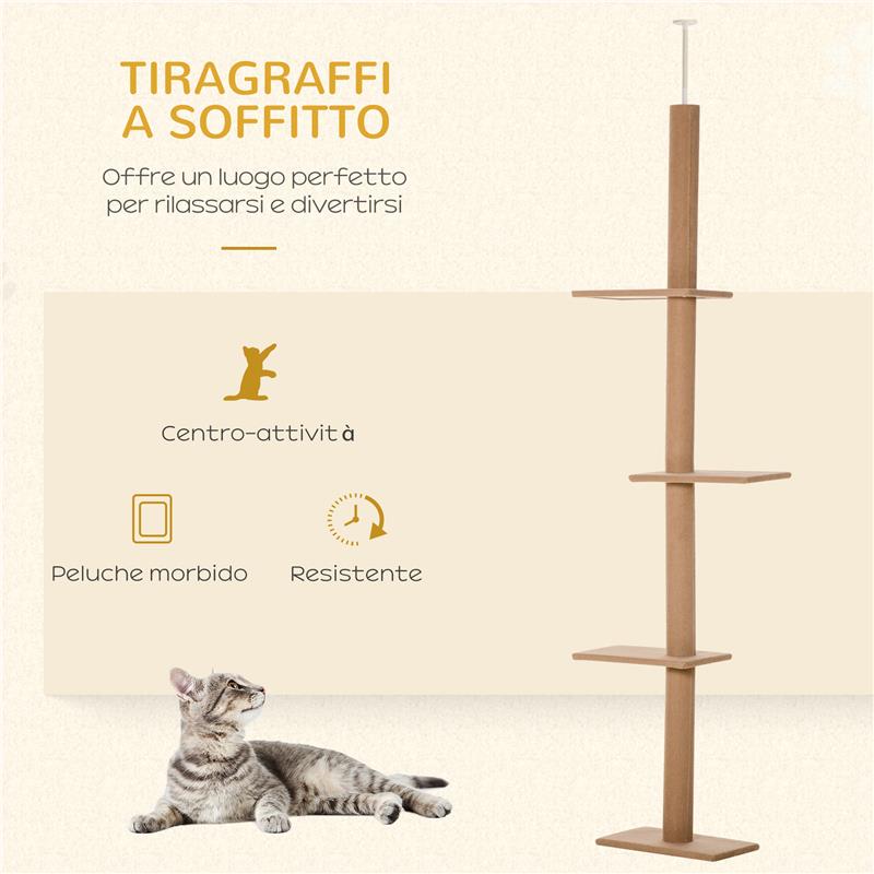 ALBERO TIRAGRAFFI PER GATTI A 4 LIVELLI, FISSAGGIO A SOFFITTO REGOLABILE, 43X27X228-260CM