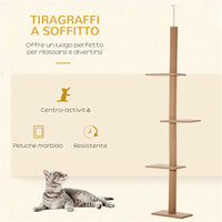 ALBERO TIRAGRAFFI PER GATTI A 4 LIVELLI, FISSAGGIO A SOFFITTO REGOLABILE, 43X27X228-260CM