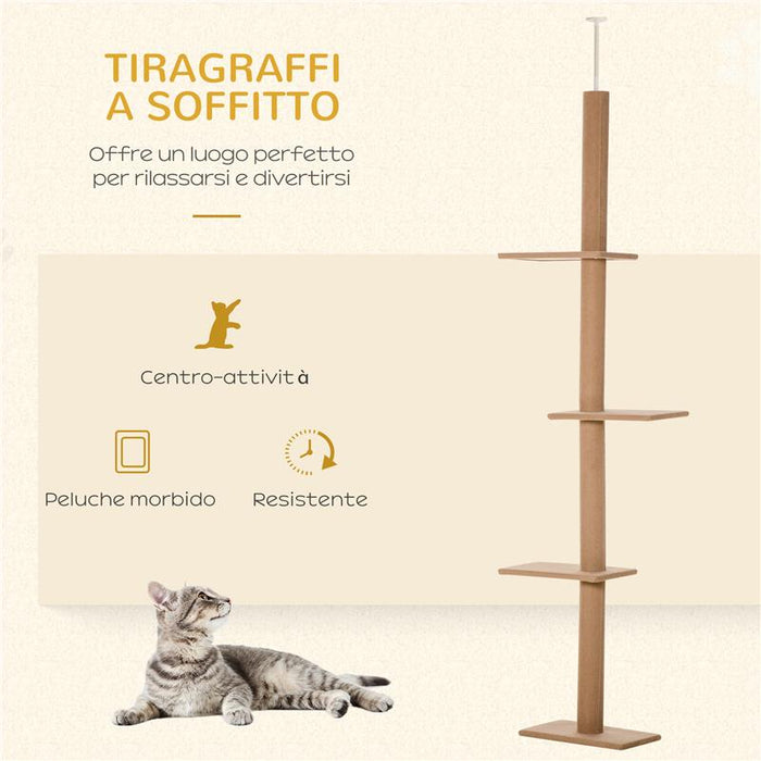 ALBERO TIRAGRAFFI PER GATTI A 4 LIVELLI, FISSAGGIO A SOFFITTO REGOLABILE, 43X27X228-260CM