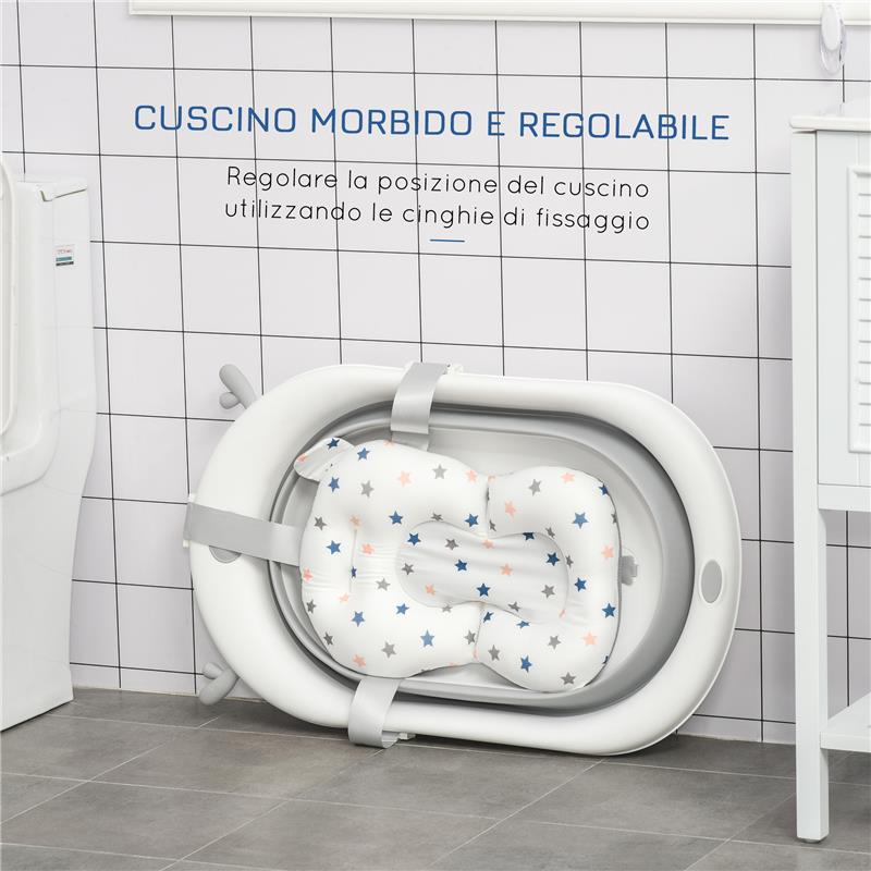 VASCHETTA BAGNETTO PIEGHEVOLE PER BAMBINI 0-3 ANNI CON INDICATORE DI TEMPERATURA E CUSCINO, 81.5X50.5X23.5CM, BIANCO